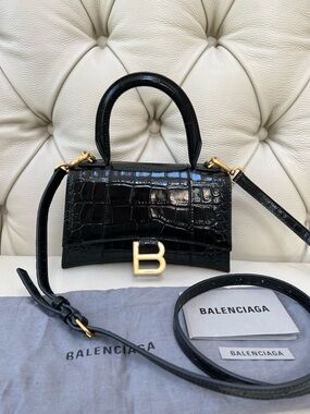 New Balenciaga Hourglass Top Handle Bag in Black Croc-Embossed Leather